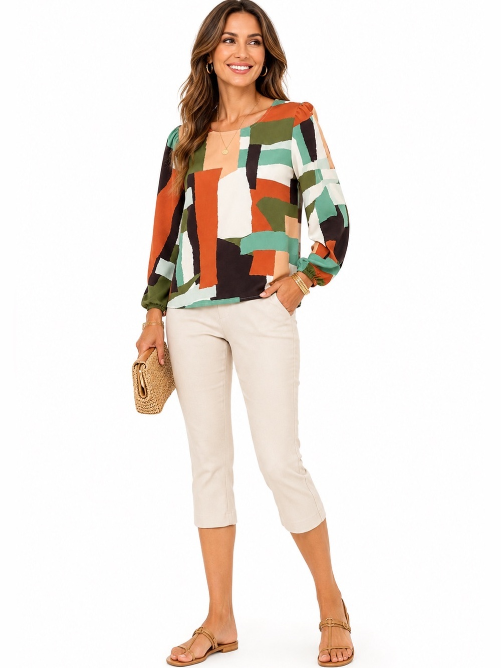 SHEIN Artsy Abstract Geometric Earth Tone Long Sleeve Blouse XL - Picture 2 of 11